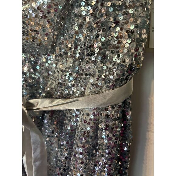 Aidan Mattox Women's Sequin Cowl Neck Dress W/ Satin Belt Size 12 Silver New Wit - Picture 2 of 6